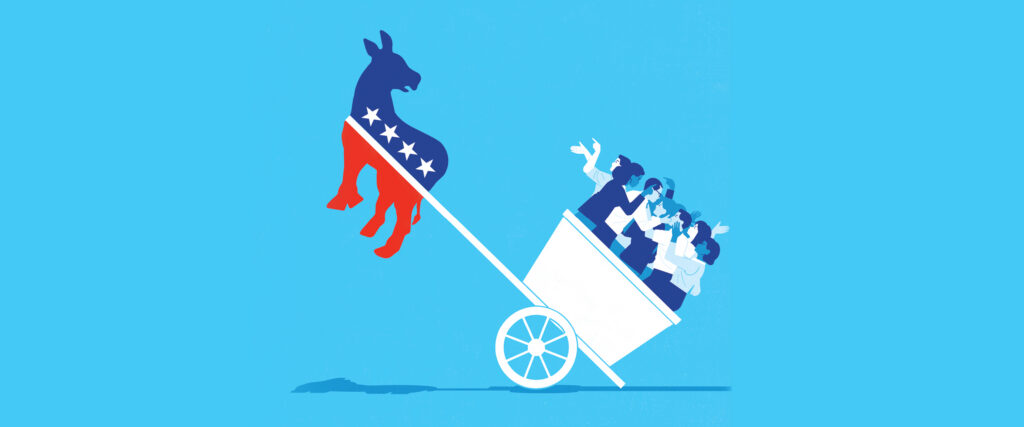 A stylized illustration shows the Democratic donkey pulling a cart filled with cheering people, symbolizing political momentum against a light blue background.